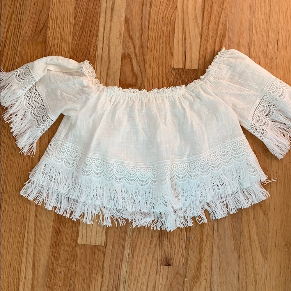 White ruffles off the shoulder crop top